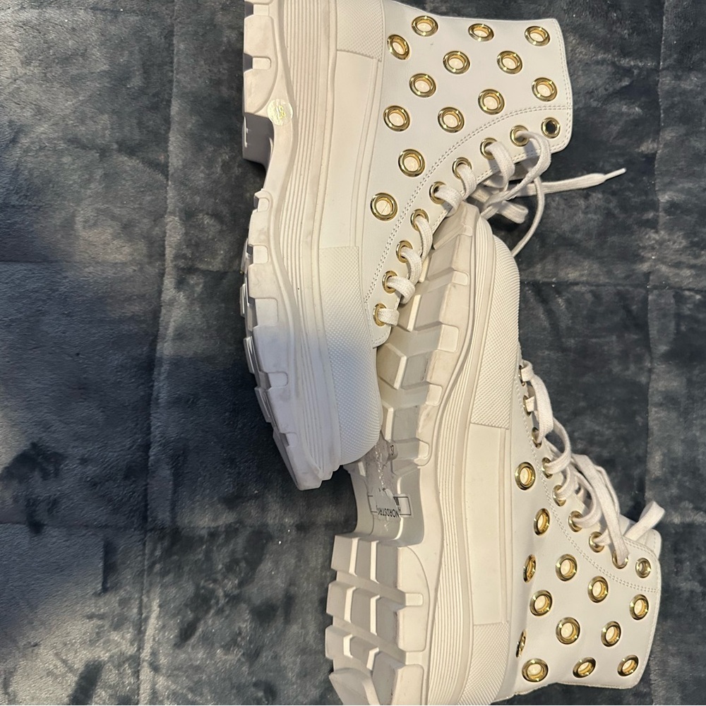 Stylish White and Gold Women's High-Top Sneakers